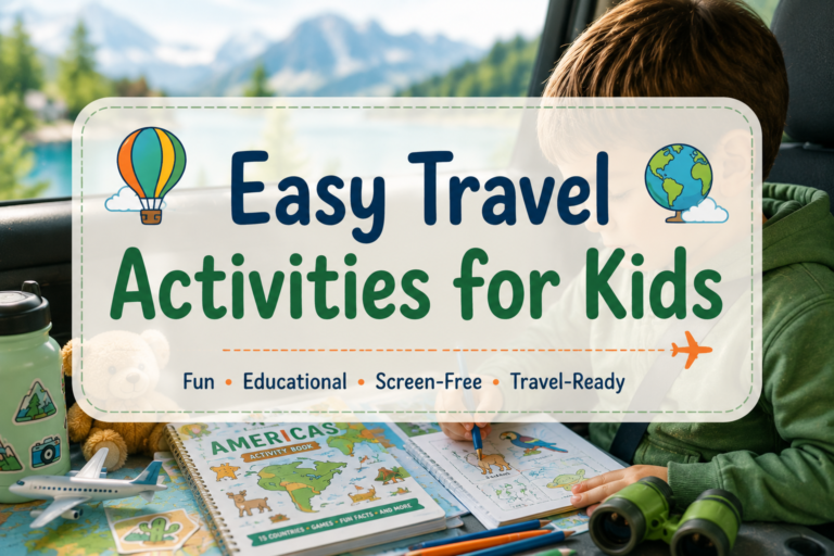 Boy using educational travel activities and printable worksheets during a family road trip with screen-free learning fun for kids.