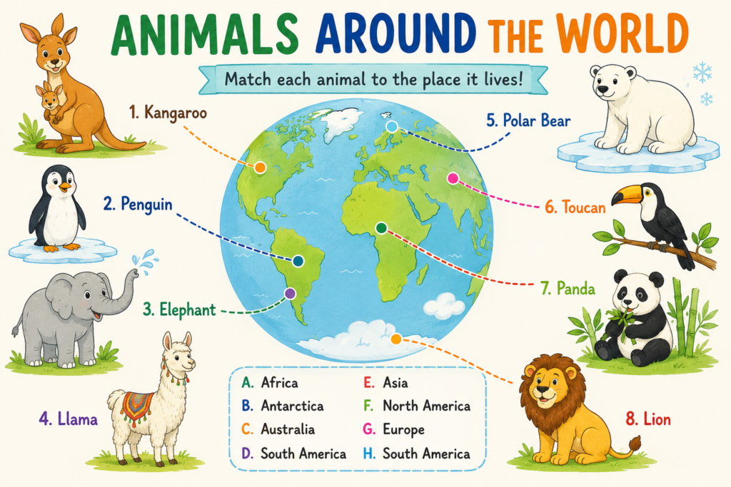 Cute animals around the world educational worksheet for kids featuring a world map, matching game, and animals from different continents.