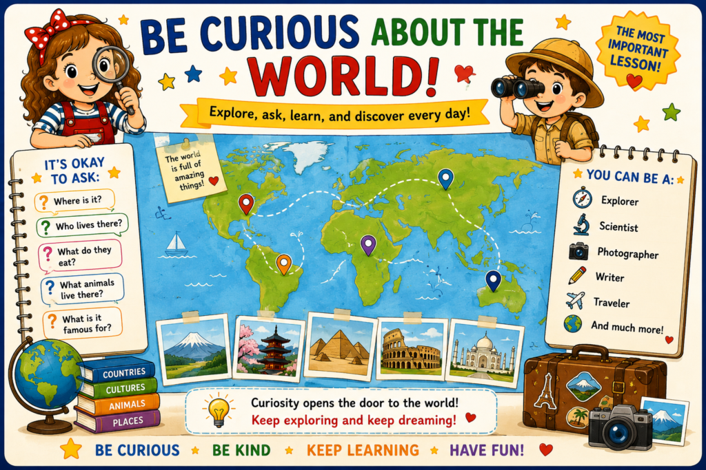 Educational world curiosity poster for kids with maps, travel icons, countries, cultures, and motivational learning activities for young explorers.