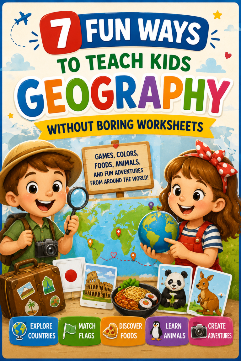 Colorful geography activities for kids poster featuring countries, flags, animals, foods, and travel-themed learning games for preschoolers.