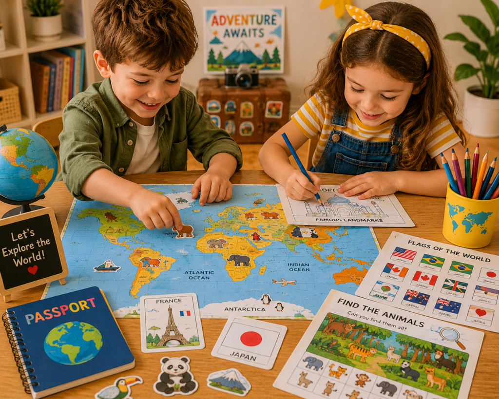 Two children exploring geography through play with maps, flags, coloring pages, animal matching games, and travel-themed educational activities for kids.
