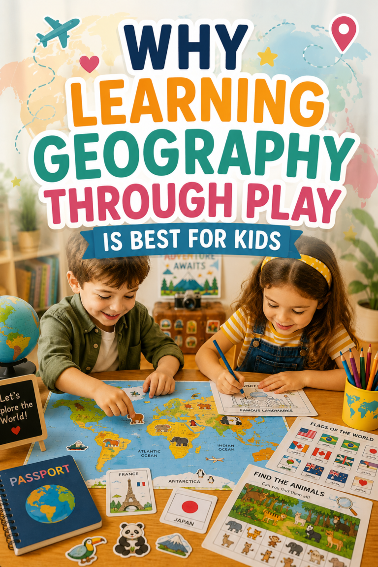 Children learning geography through play with maps, flags, coloring activities, travel-themed games, and educational worksheets for kids.