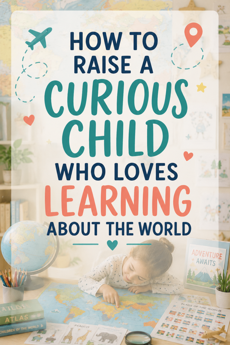 Curious child exploring a world map with a globe, flags, and geography activities in a bright educational learning space