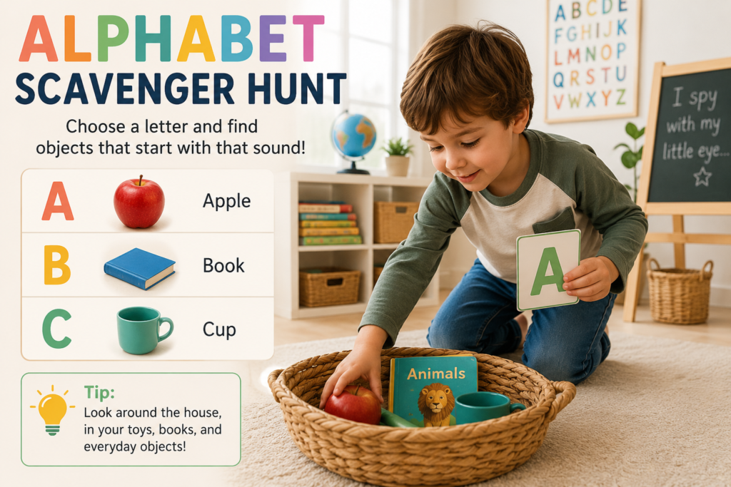 Child searching for objects that match alphabet letters during a fun alphabet scavenger hunt activity for preschool and kindergarten learning.