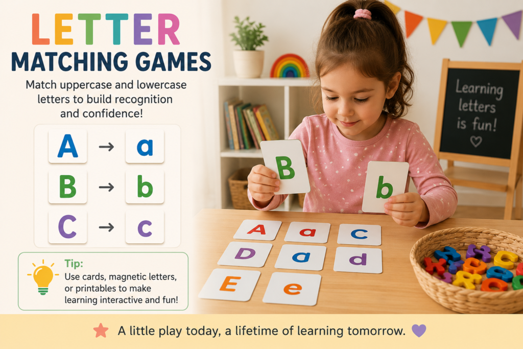 Preschool child matching uppercase and lowercase alphabet letters using colorful educational cards and hands-on learning activities.