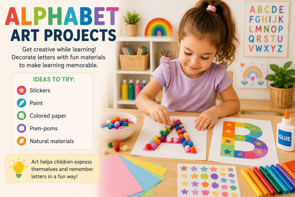 Child decorating alphabet letters with pom-poms, stickers, paint, and craft supplies during a creative alphabet art activity.