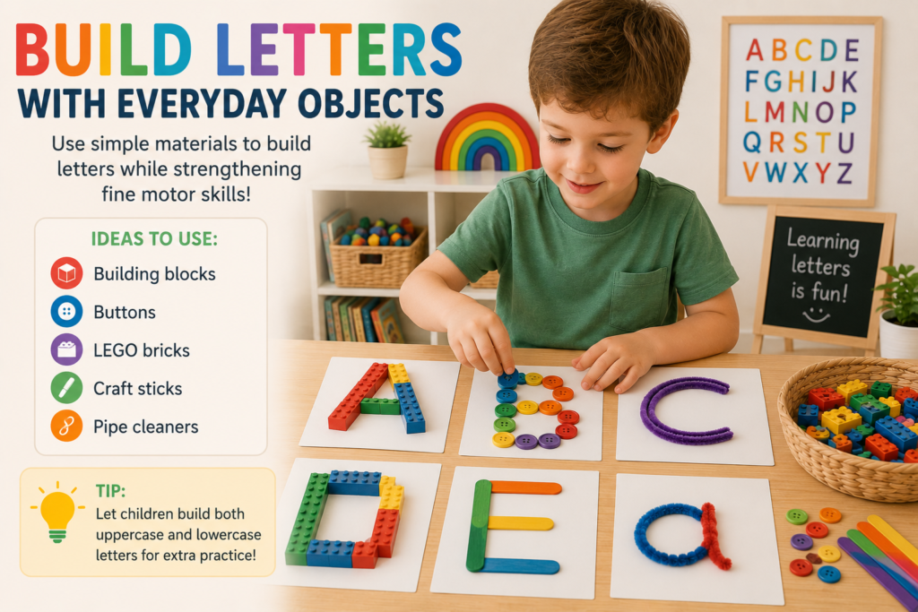 Young child building alphabet letters using LEGO bricks, buttons, craft sticks, and everyday materials to strengthen fine motor skills.