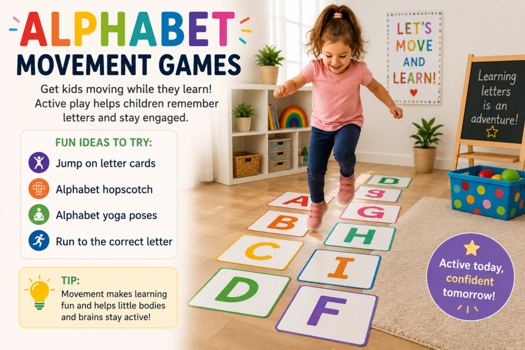 Preschool child jumping on alphabet letter cards during an active movement game that combines physical activity and letter recognition.