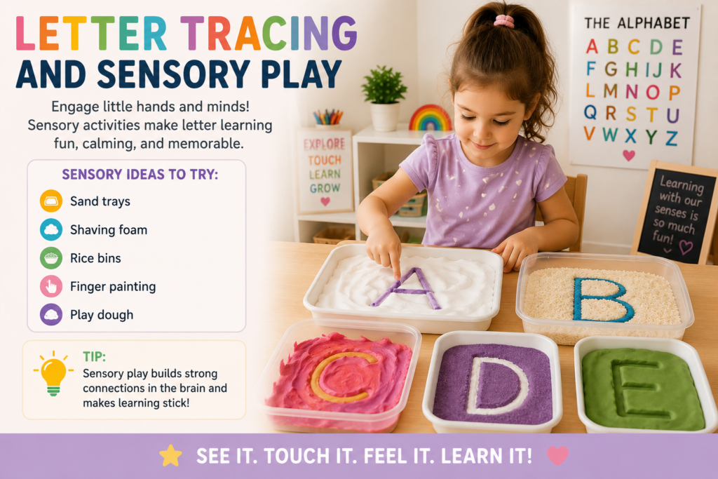 Child practicing alphabet letters through sensory play using sand trays, rice bins, foam, and hands-on letter tracing activities.