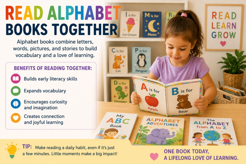 Young child reading colorful alphabet books while learning letters, vocabulary, and early literacy skills through shared reading.