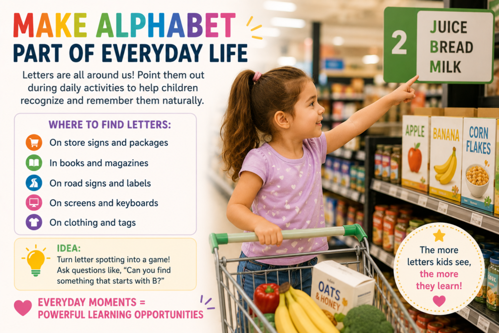 Child identifying alphabet letters on store signs and product labels during everyday activities that support natural letter recognition.
