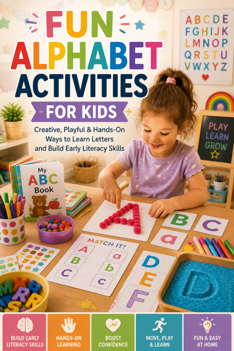 Child exploring fun alphabet activities with letters, books, matching games, crafts, and hands-on learning materials.