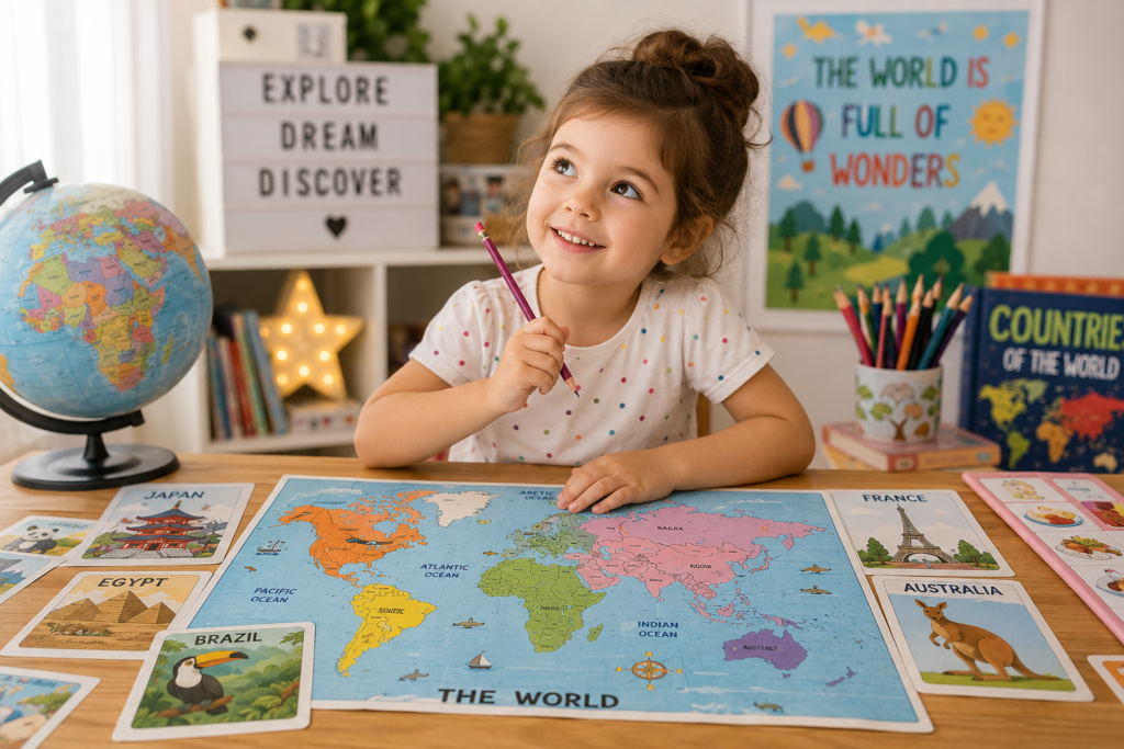 Curious child exploring a world map, country cards, landmarks, and animals while learning about different countries and cultures around the world.
