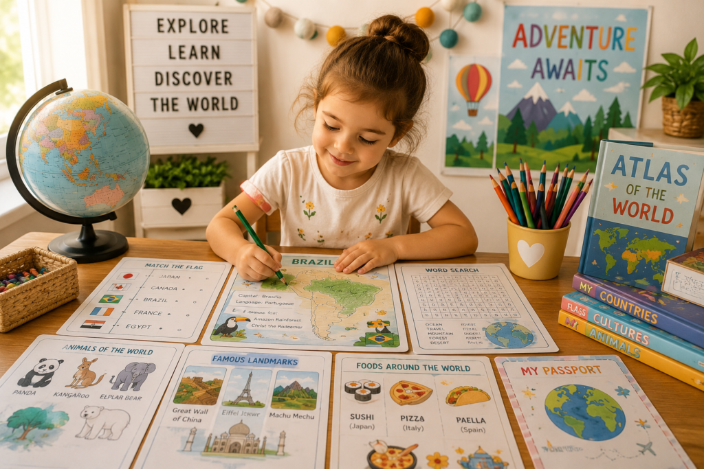 Child enjoying screen-free geography activities with maps, country worksheets, matching games, and educational printables in a cozy learning space.
