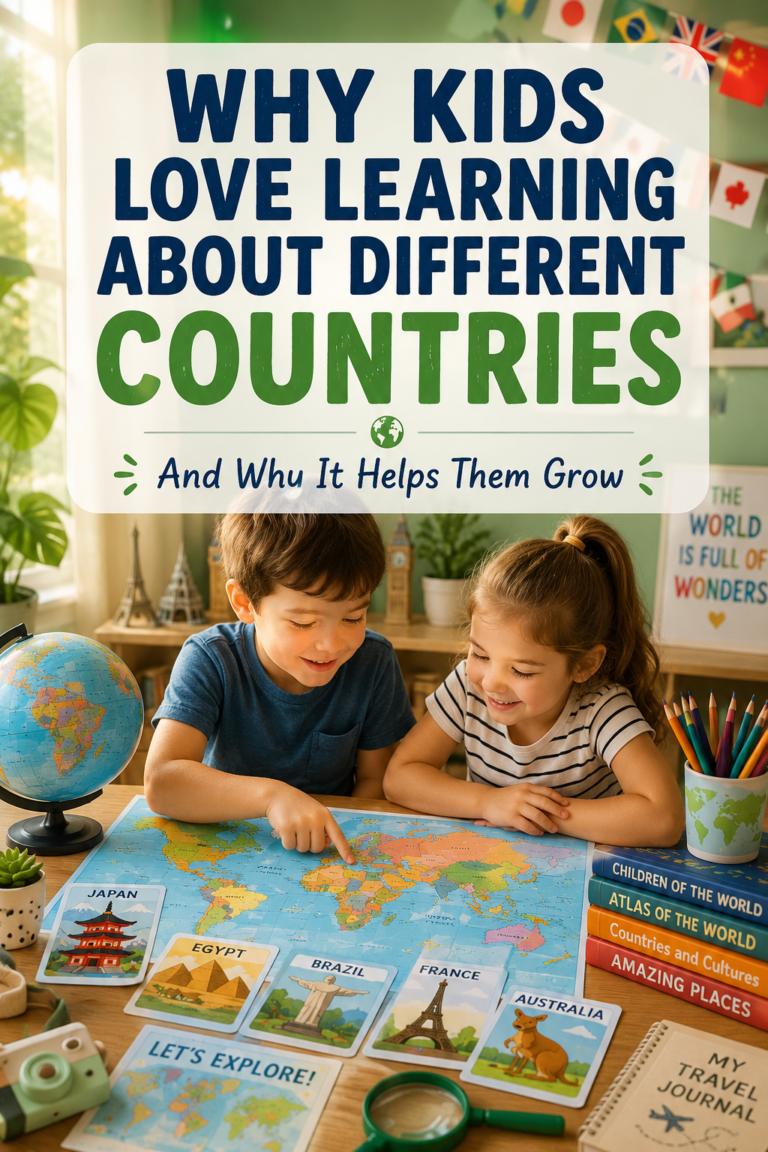 Children discovering different countries through maps, cultures, landmarks, and educational geography activities that inspire curiosity about the world.