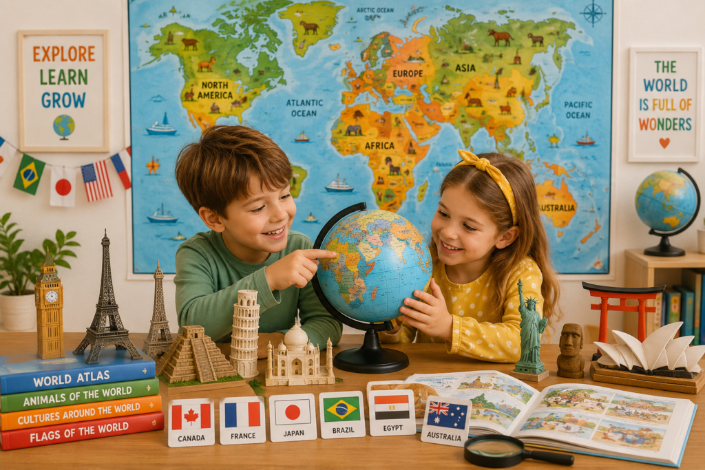 Children discovering countries of the world through maps, globes, landmarks, flags, and educational activities that inspire curiosity and global learning.