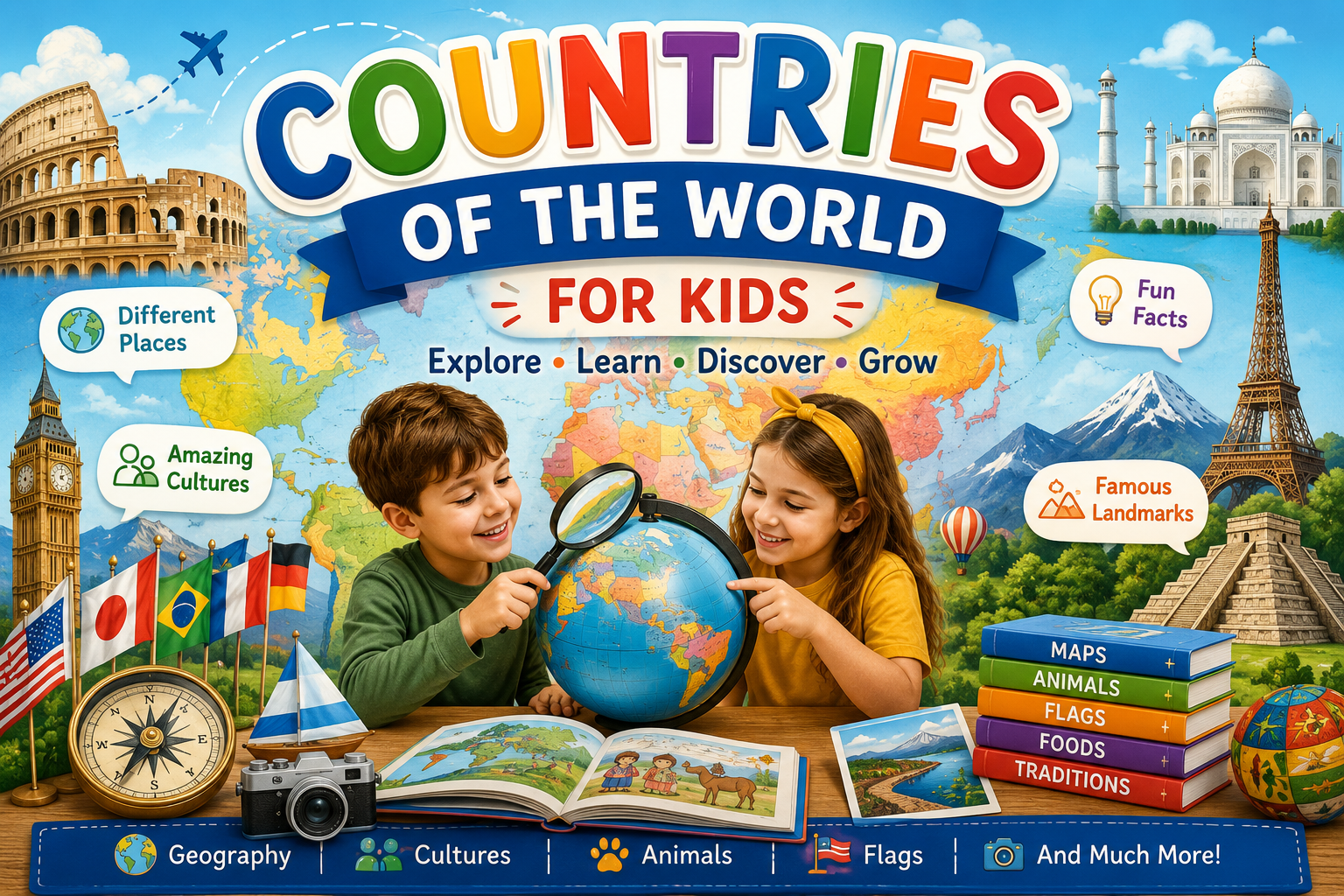 Children exploring countries of the world with a globe, maps, flags, famous landmarks, and educational activities that inspire curiosity, geography skills, and global learning.