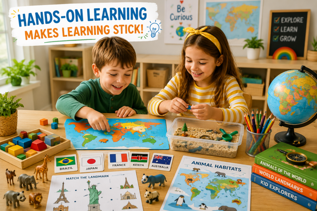 Children using hands-on learning materials including puzzles, maps, educational printables, blocks, and sensory activities to explore geography and develop important learning skills.