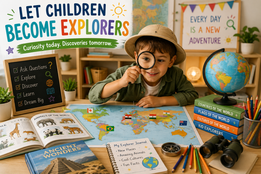 Young explorer using a world map, globe, books, and educational activities to discover countries, cultures, animals, and landmarks while developing curiosity and a love of learning.