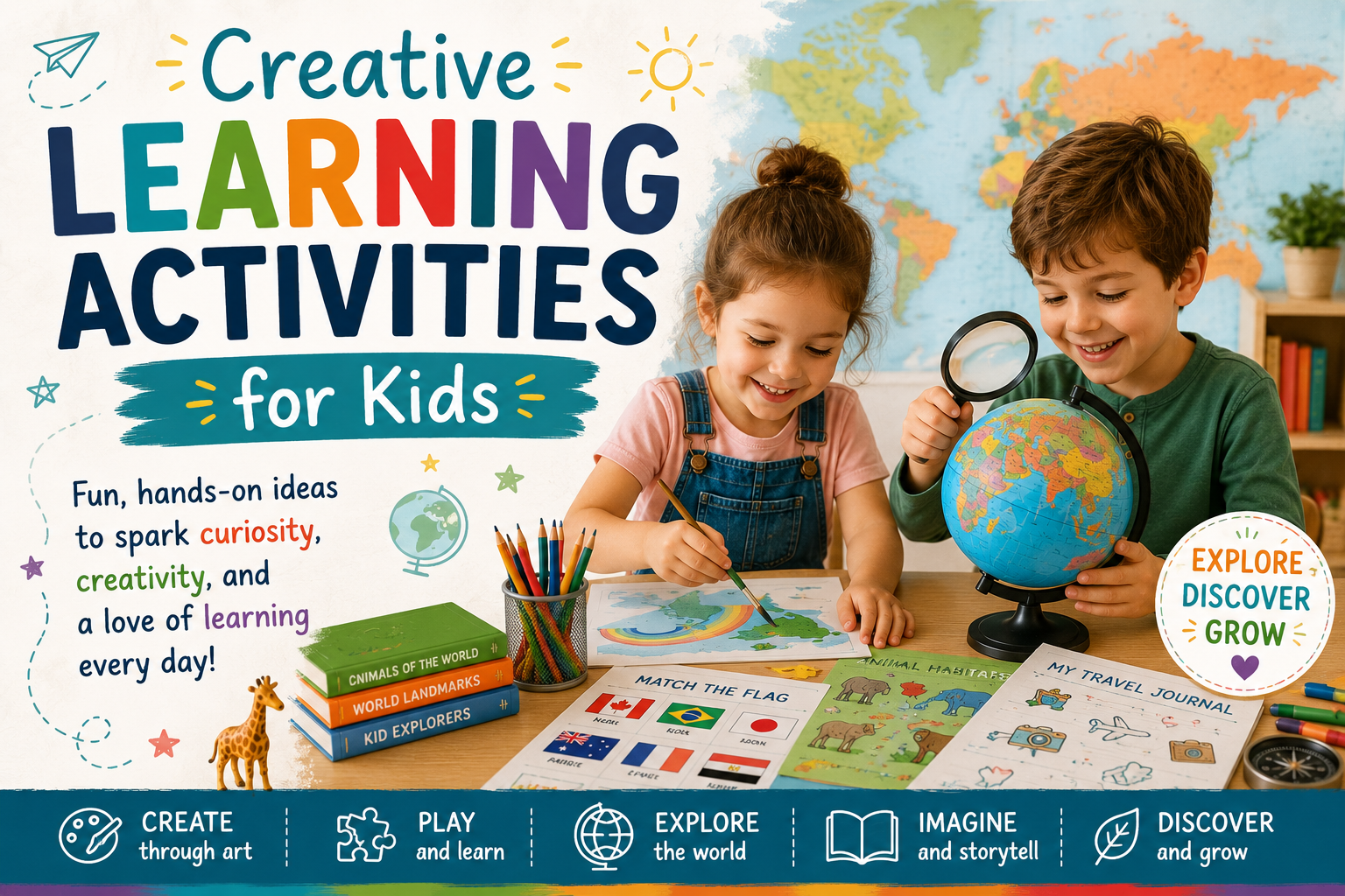 Creative learning activities for kids featuring hands-on educational games, geography exploration, art projects, and fun learning experiences that inspire curiosity and creativity.
