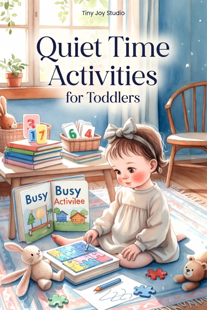 Quiet Time Activities for Toddlers. Calm little girl sitting on the floor doing quiet educational activities - solving a puzzle, using a busy book, and tracing. Peaceful and cozy learning scene with books, puzzles and soft toys. Screen-free activities from Tiny Joy Studio.