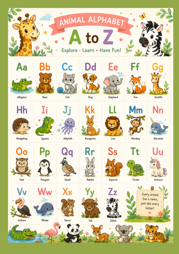 Printable preschool alphabet activities workbook for kids with tracing pages, coloring worksheets, and animal learning games.
