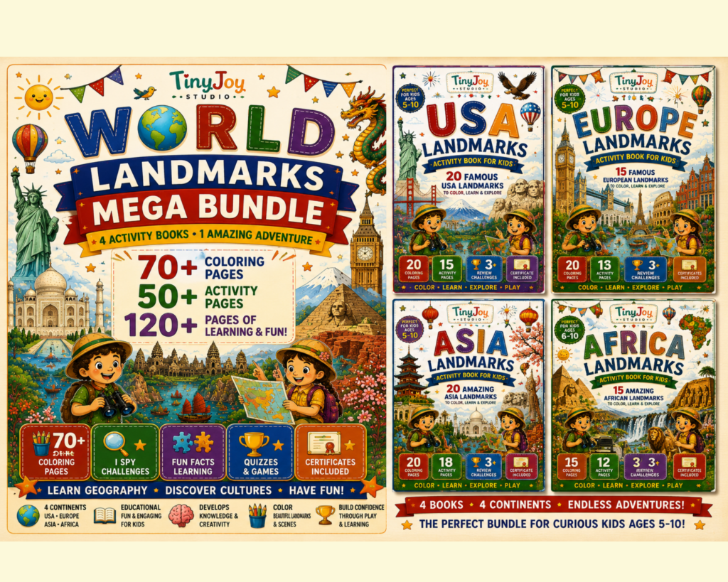 World landmarks activity book bundle for kids featuring famous landmarks from four continents