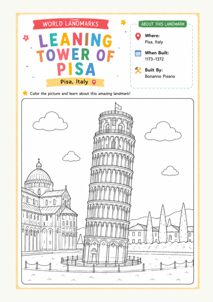Leaning Tower of Pisa educational coloring page from a world landmarks activity book