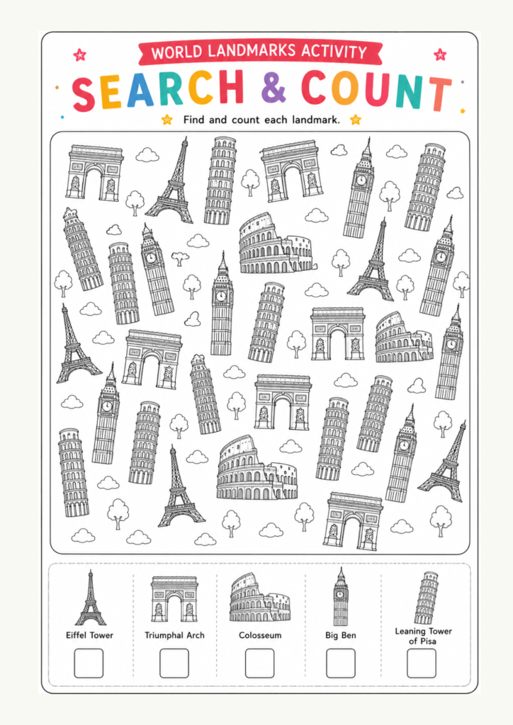Europe landmarks activity page for kids with puzzles quizzes and learning games