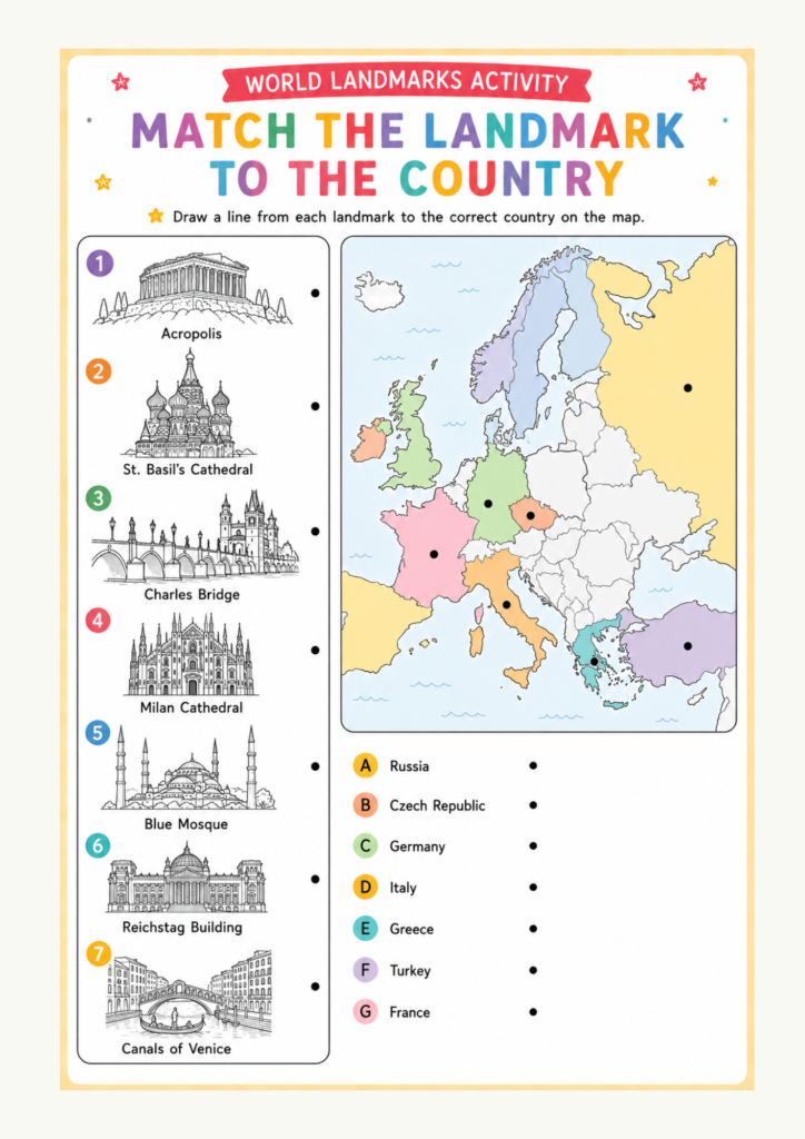 Match the landmark to the country