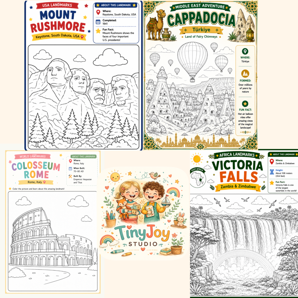 World landmarks activities for kids featuring famous places from Europe Asia Africa and the United States