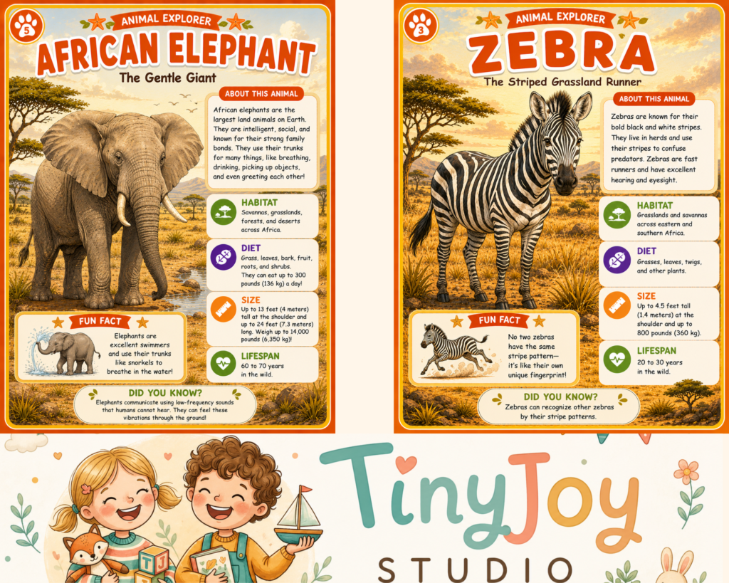 Savannah animal fact pages for kids featuring African elephants and zebras with educational wildlife information