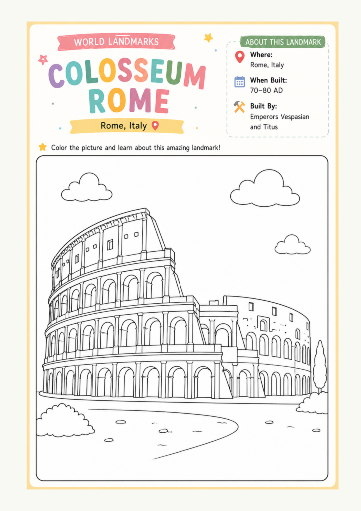 Europe landmarks fact page for kids featuring famous European landmarks and educational information