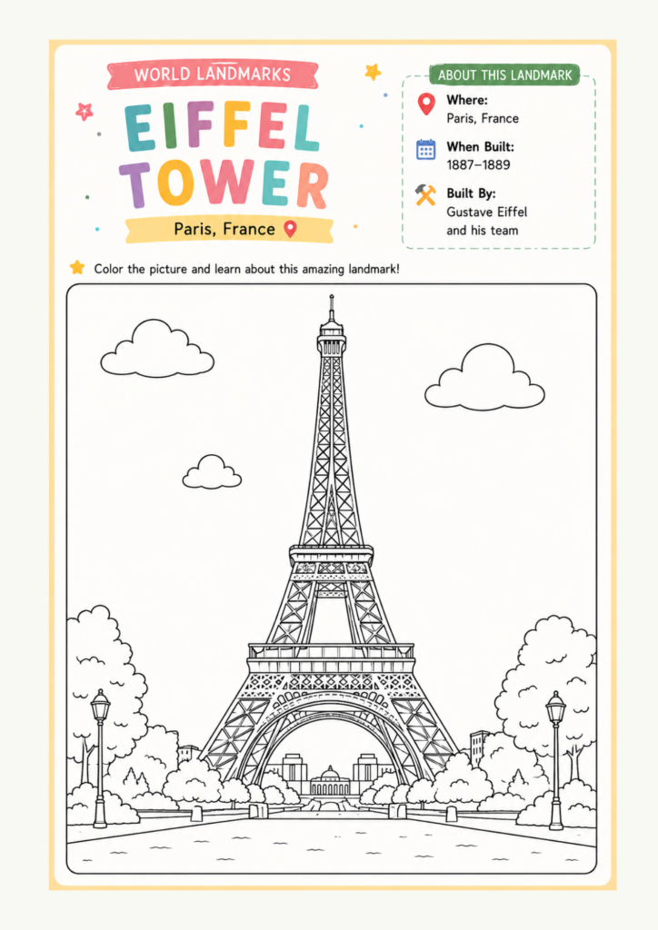 Famous world landmark coloring activity helping kids learn geography