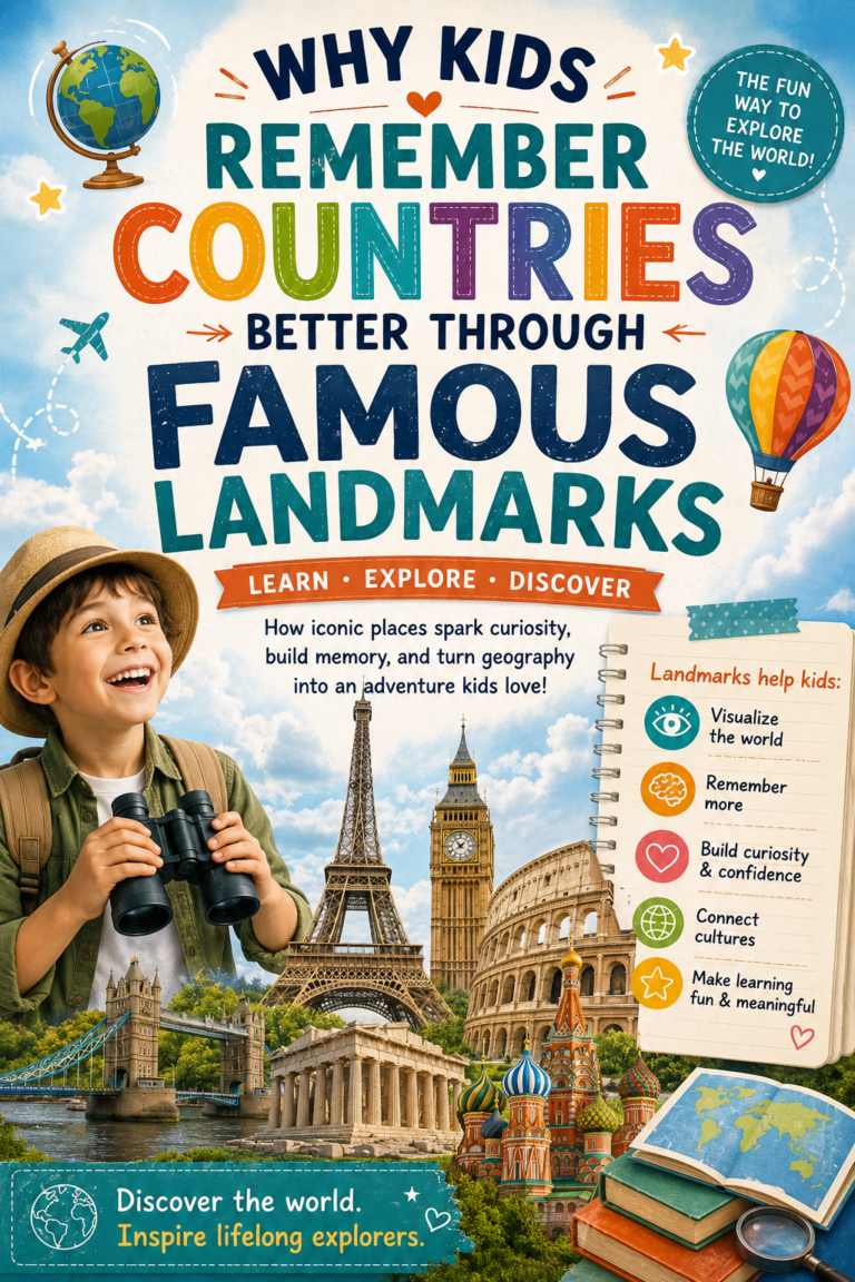 Famous landmarks for kids educational cover featuring the Eiffel Tower, Colosseum, Big Ben, Acropolis, and other iconic landmarks that help children learn countries, cultures, and geography through play.