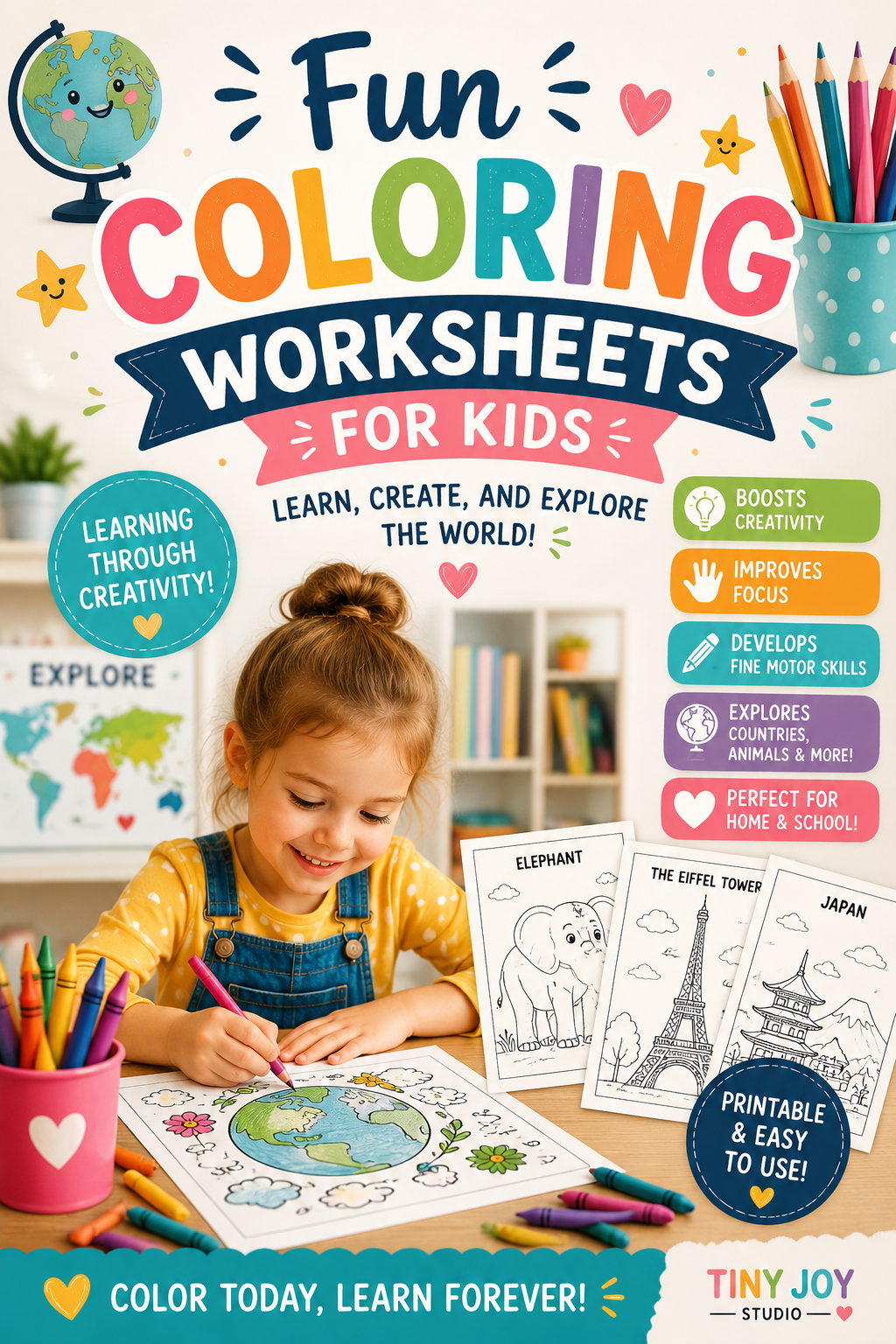 Fun coloring worksheets for kids featuring educational coloring pages about animals, countries, famous landmarks, and world geography that encourage creativity and learning through play.