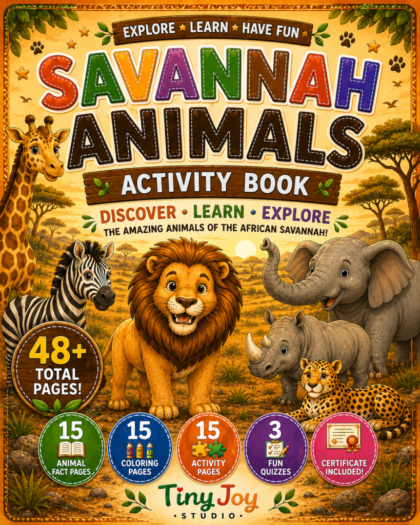Savannah Animals Activity Book for Kids featuring lions giraffes elephants zebras coloring pages animal facts and educational activities