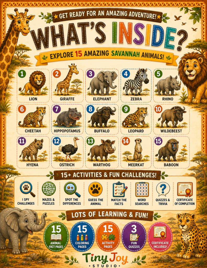 Savannah animal activity book for kids featuring lions elephants giraffes zebras and educational activities