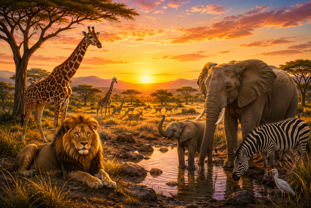 African savannah animals for kids featuring lions giraffes elephants and zebras in a beautiful wildlife habitat