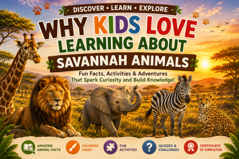 Kids learning about savannah animals including lions giraffes elephants zebras and cheetahs through fun educational activities