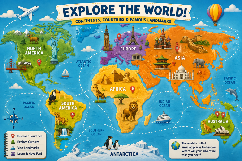 Educational world map for kids featuring continents countries landmarks wildlife and geography learning activities