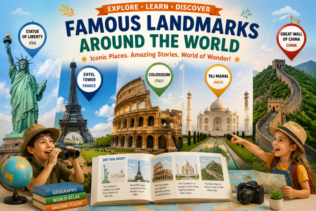 Famous world landmarks for kids including the Statue of Liberty Eiffel Tower Colosseum Taj Mahal and Great Wall of China