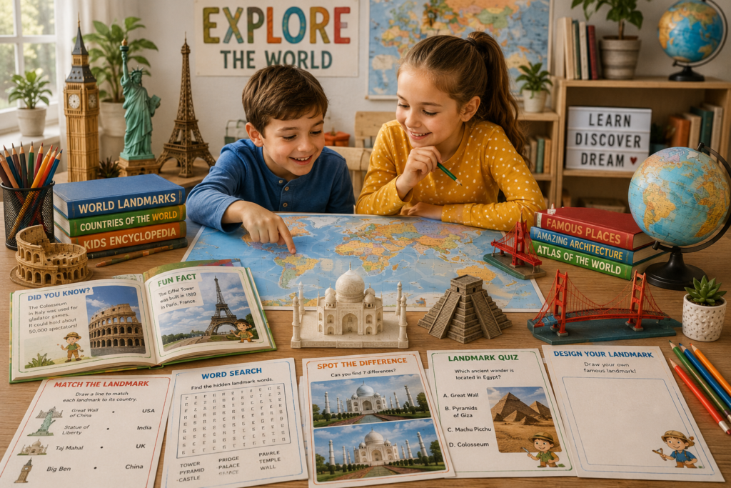Kids learning about famous landmarks through maps books geography activities and world exploration