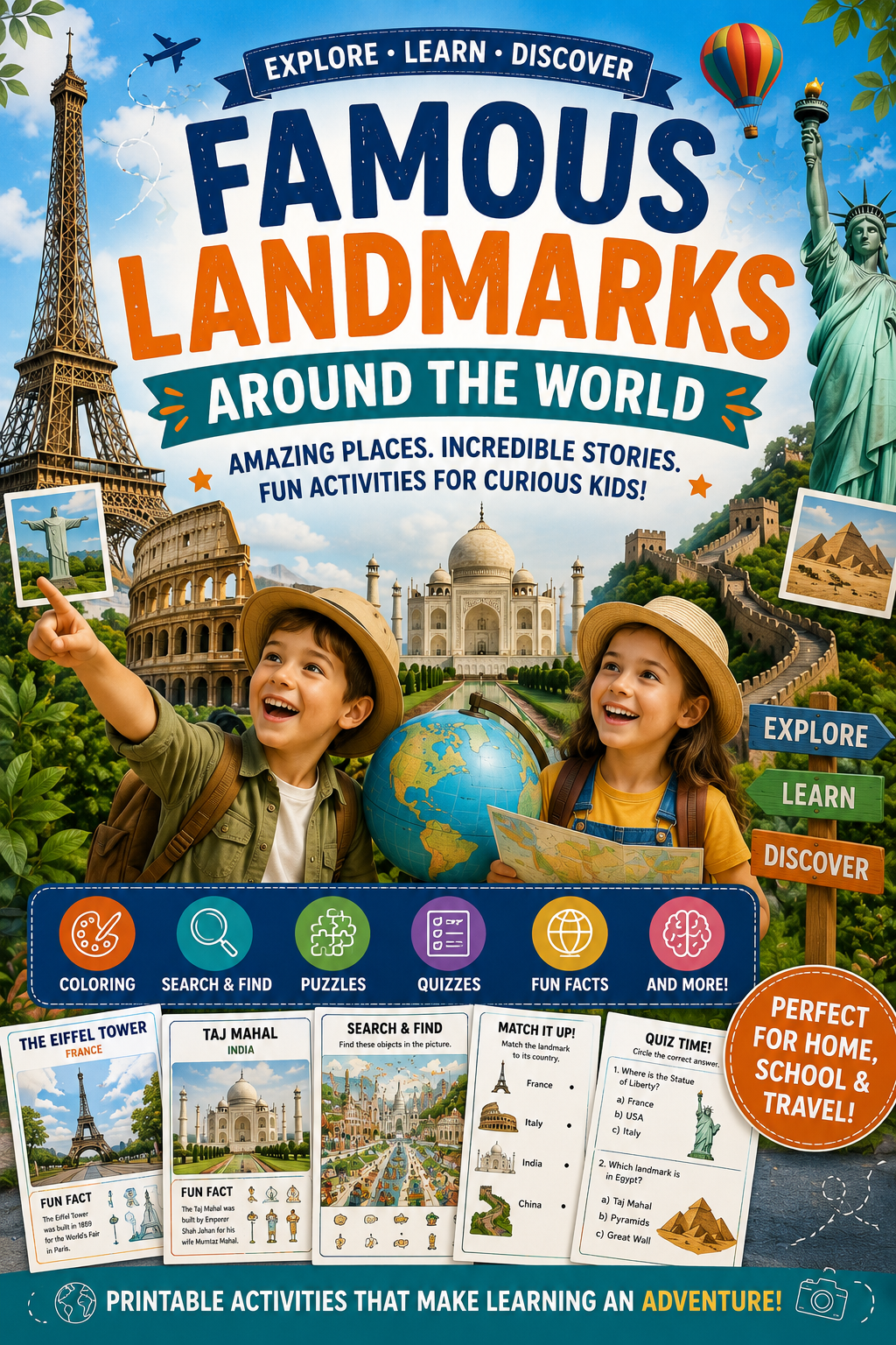 Kids exploring famous landmarks around the world through educational activities and printable learning resources