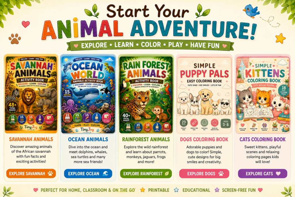 Animal activity books and coloring books for kids featuring savannah animals ocean animals puppies kittens and educational learning activities