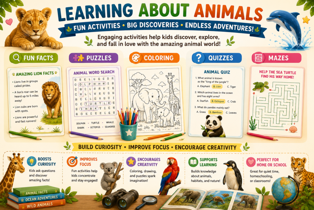 Educational animal activities for kids including fun facts puzzles coloring pages quizzes mazes and learning games