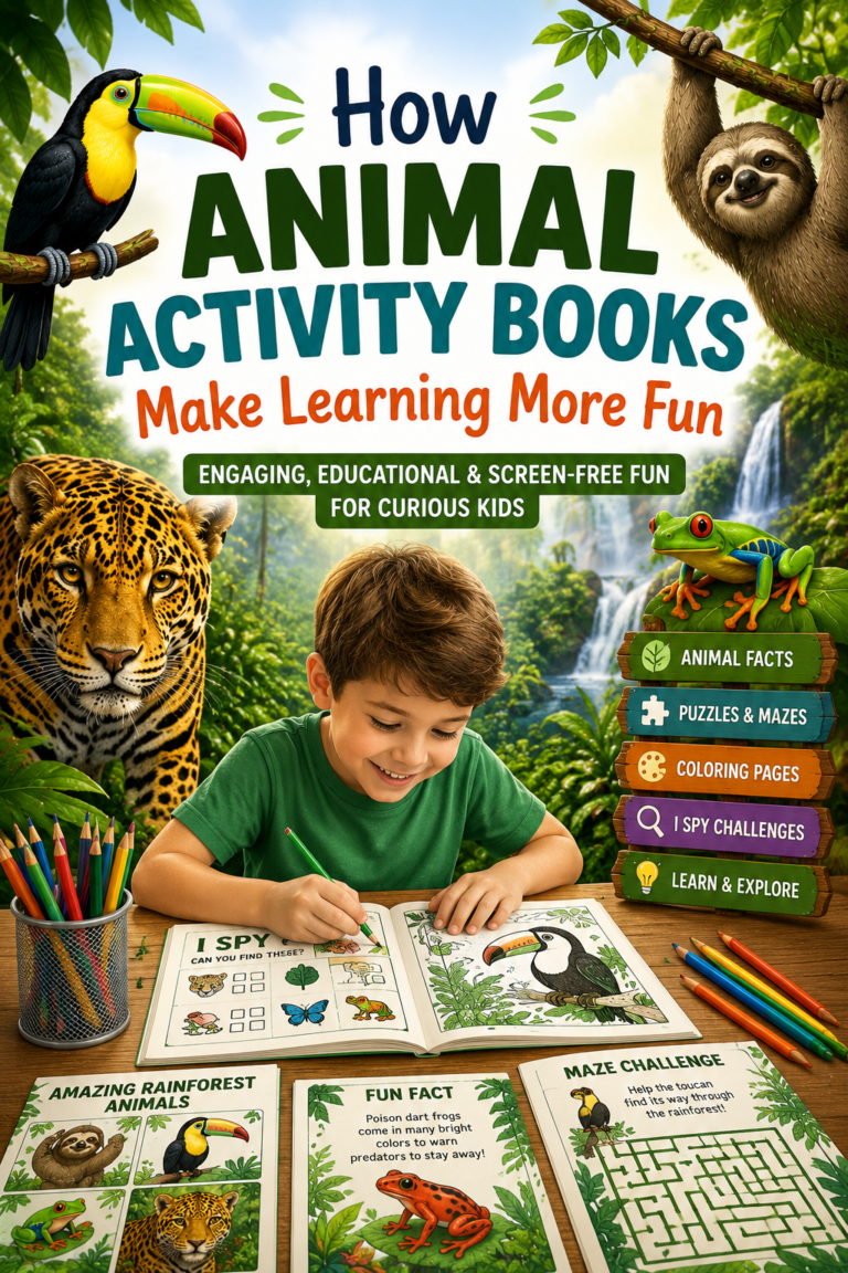 Child learning about rainforest animals through educational activity books with animal facts, coloring pages, and wildlife activities.