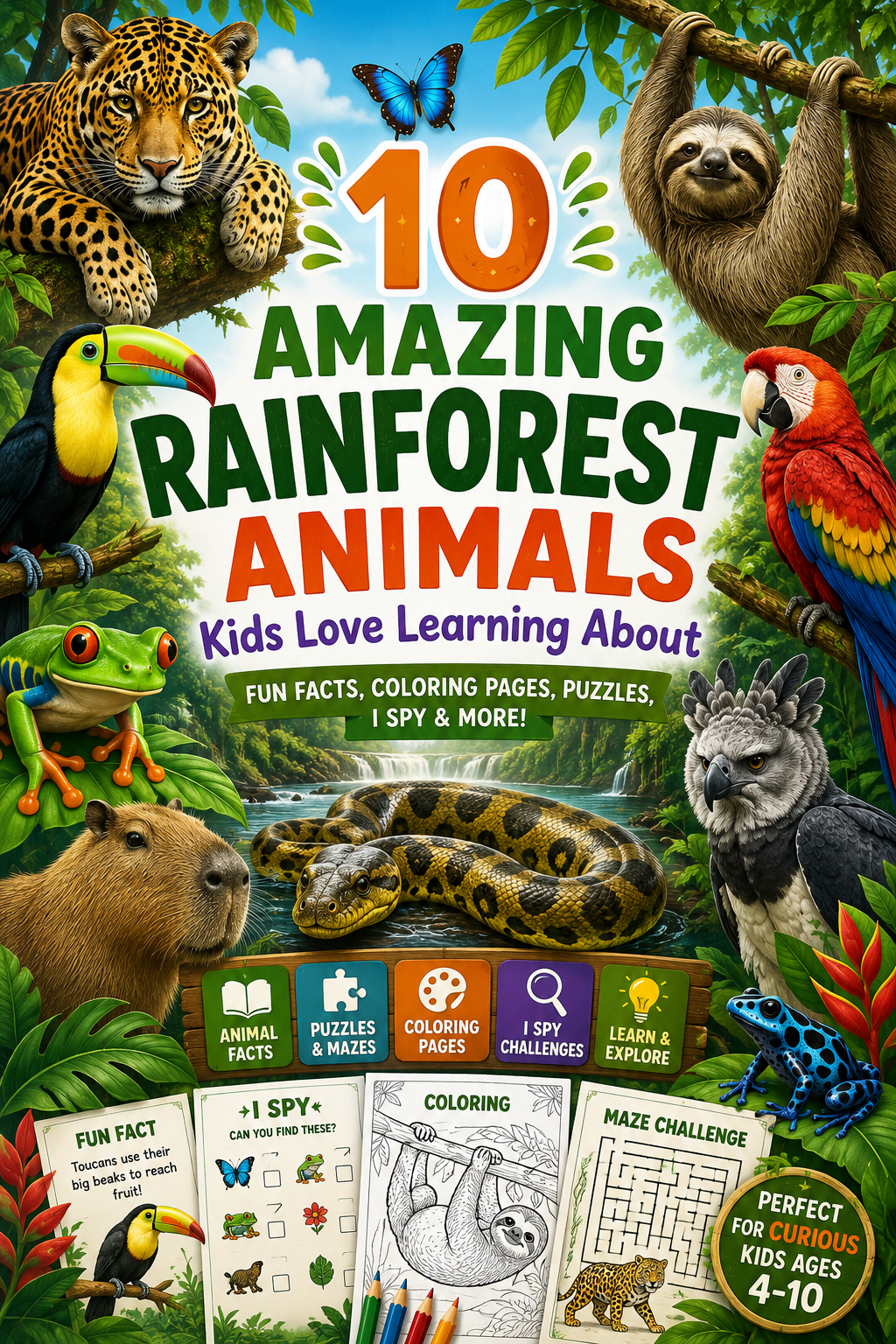 Colorful infographic featuring 10 rainforest animals for kids including jaguar, sloth, toucan, macaw, poison dart frog, harpy eagle, capybara, anaconda, tapir, and spider monkey.