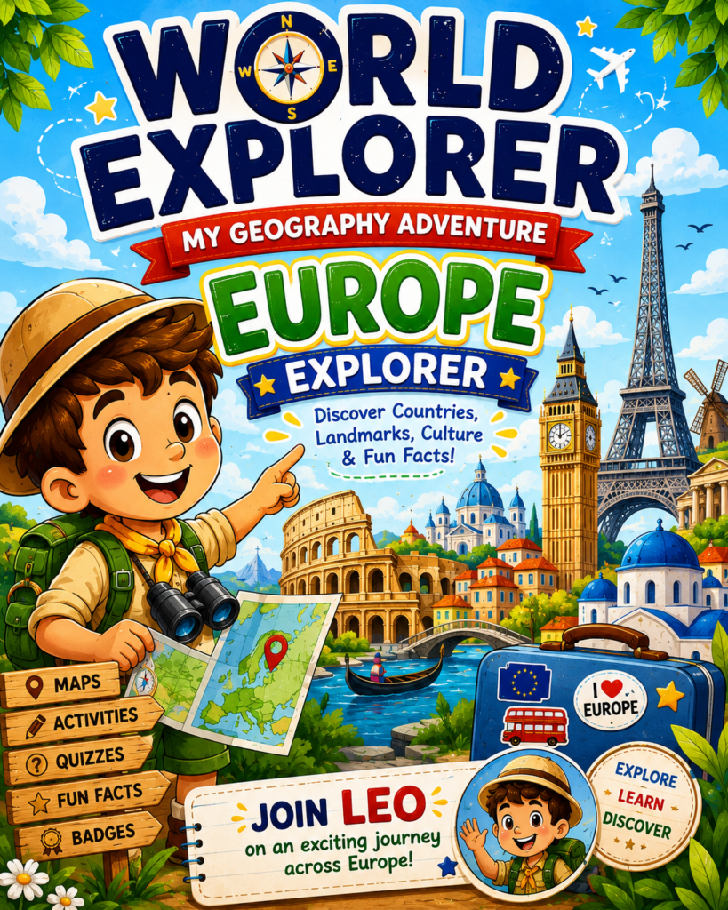 Europe Explorer activity book for kids featuring European countries, landmarks, maps, quizzes, and geography adventures