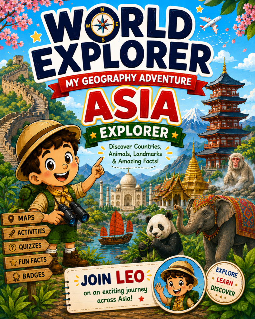 Asia Explorer geography activity book for kids featuring 10 Asian countries, maps, animals, landmarks and educational adventures
